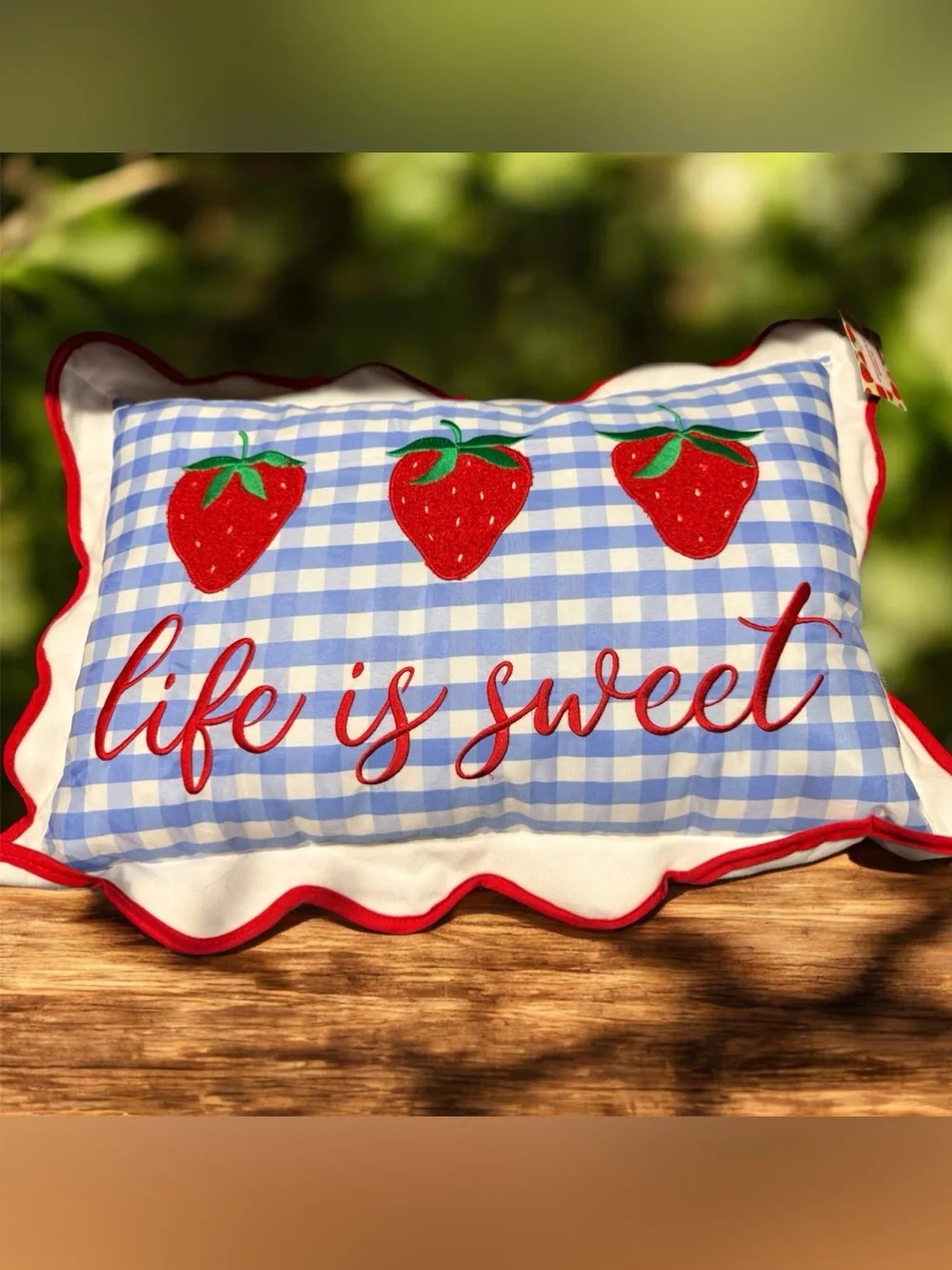 Life Is Sweet Accent Strawberry Pillow - Blue Gingham with embroidery